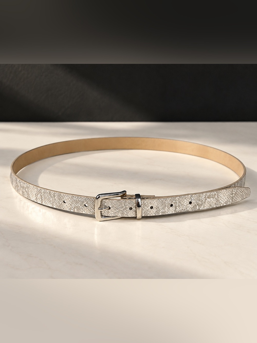 Silver Snakeskin Skinny Belt Metallic Animal Print Y2K 44”